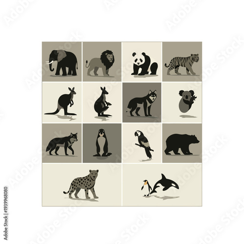 A visually appealing and diverse collection of wild and exotic animals, rendered in a stylish, minimalist illustrative art style