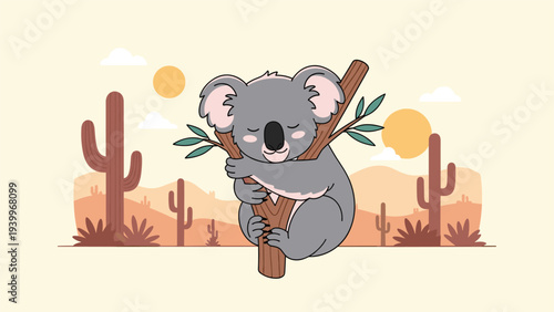 Adorable koala bear sleeping peacefully on a tree branch in a sunny desert landscape with mountains and cacti.