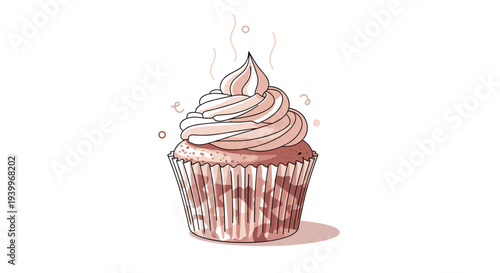 Sweet delicious cupcake with creamy pink swirl frosting and steam rising above on a clean white background for food themes.