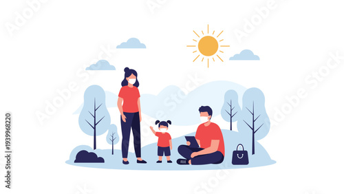 Mother father and daughter enjoy a sunny day in the park while wearing protective face masks for health safety.