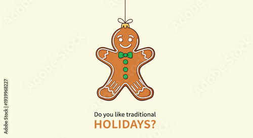 Gingerbread man cookie ornament hanging on a string with traditional holiday text for seasonal Christmas greeting card design.