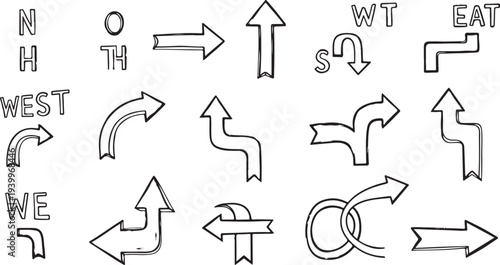Black and white arrows and directional symbols on a white background