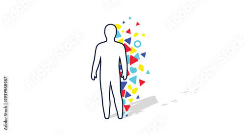 A simple outlined human figure stands on a white surface, with a colorful explosion of geometric shapes bursting from its right side, casting a subtle shadow.