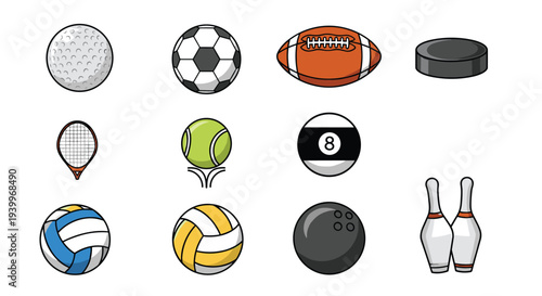 Collection of various sports balls and equipment including soccer, football, golf, tennis, and bowling on a white background.