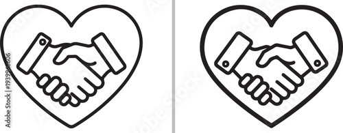 Vector icon set featuring a black line art handshake inside a heart, paired with an identical design in a thicker stroke, symbolizing business trust, professional partnership, and charity.