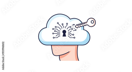 A human head silhouette features a fluffy white cloud as its brain, containing a keyhole surrounded by circuit patterns, with a silver key unlocking it on a plain white background.
