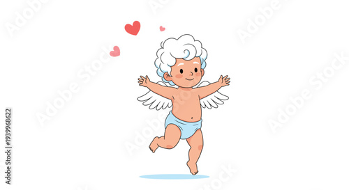 Adorable baby cupid with white wings and curly hair running happily while hearts float around him on a white background.