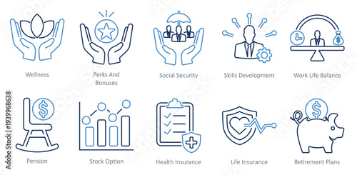 set of employee benefits icons as social security