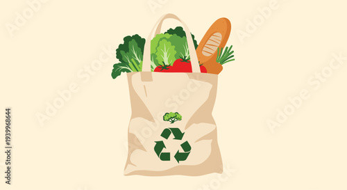 Eco friendly reusable fabric grocery bag filled with fresh vegetables and bread featuring a green recycle logo on the front.