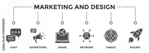 Marketing and Design web banner icon set vector illustration concept consists of Chat, Advertising, Share,Network, Target, Rocket icon live stroke and easy to edit