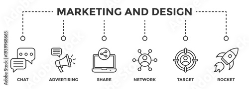 Marketing and Design web banner icon set vector illustration concept consists of Chat, Advertising, Share,Network, Target, Rocket icon live stroke and easy to edit