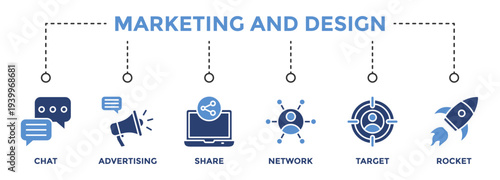 Marketing and Design web banner icon set vector illustration concept consists of Chat, Advertising, Share,Network, Target, Rocket icon live stroke and easy to edit