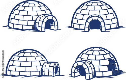 Hand Drawn Igloo House Set Arctic Snow Shelter Sketch Vector Illustration.