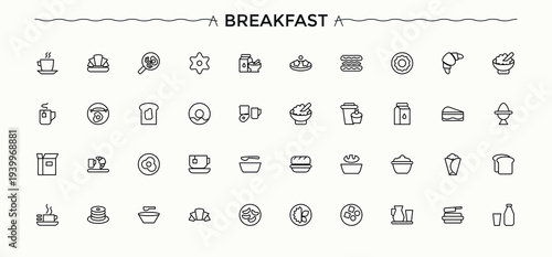 Breakfast icon set. Outline icons in linear style. It contains symbols to food, croissant, drink, tea. Editable stroke. Pixel Perfect. First Meal icon set in linear style.