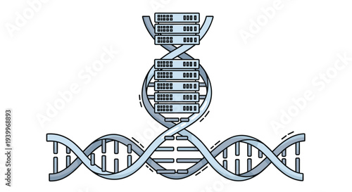 A double helix structure composed of stacked grey server racks with additional DNA strands extends horizontally on a plain white background.