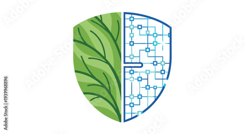 A vertical shield is visually divided down the center with a dense pattern of green leaves and veins on the left and a blue circuit board design on the right.