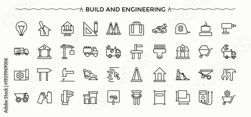 Building Plan linear icon collection. Thin outline icons pack. Prefab icon set. Contain linear symbols project, development, prefab, room, plan and more.