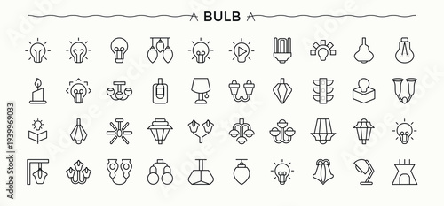 Bulb vector icon set. Outline icons collection. Pictograms of intelligence, light, innovation, plan, knowledge, creativity, brain. Editable stroke. Knowledge line icon set.