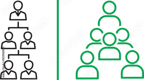 Linear vector icons showing organizational hierarchies and diverse team structures. Features black outlines alongside vibrant green and blue color variations on a split background.