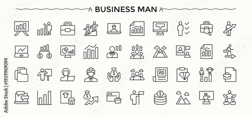 Business Management icon set. Manage icon set. Contains related to resource, startup, teamwork, meeting, training, star, communication and more.