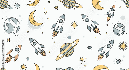 Fun seamless pattern with rockets, planets, earth, and stars in a retro color palette on a light background for nursery decor.