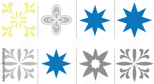 Collection of eight abstract ornamental tile designs with symmetrical geometric and floral patterns in blue, yellow, and gray.