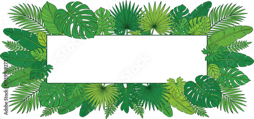 Tropical leaves frame a blank white space in a lush green illustration from a direct viewpoint