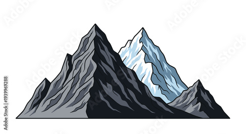 Graphic illustration of sharp majestic mountain peaks with shadows and snow highlights for nature and adventure themes.