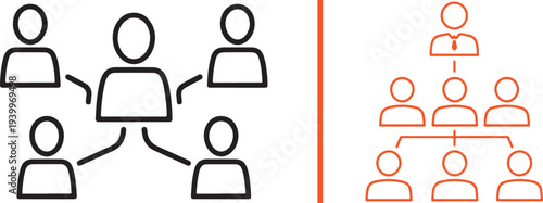 Linear vector icons showing organizational hierarchies and team structures. Includes a set with black outlines and another with vibrant red-orange outlines depicting leadership and groups.