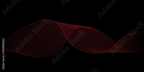 Abstract background with waves for banner. Medium banner size. Vector background with lines. Element for design isolated on black. Black, read . Ocean, night, card