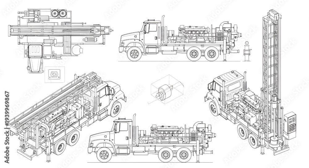 Obraz premium Truck-Mounted Well Drilling Rig AutoCAD Blueprint Vector – Multi-View Industrial Drilling Machinery Technical Drawing