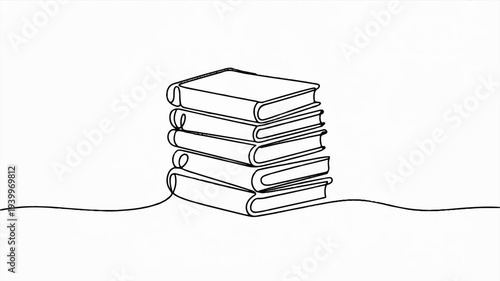 Stack of books with continuous line drawing on white background symbolizing education and literature in a minimalist style