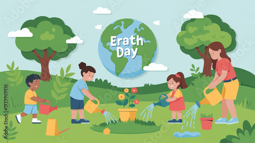 Children and woman planting trees and flowers on green hill with earth day globe