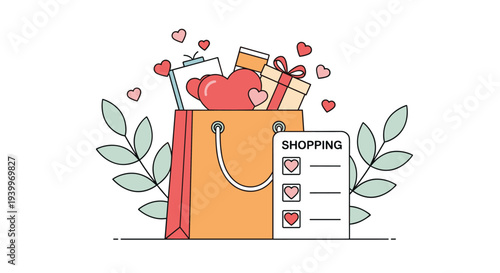 Shopping bag filled with gifts and hearts next to a checklist for valentines day or special occasion shopping spree.