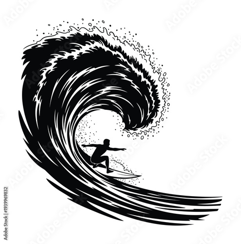 Surfer rides through a large curling vector wave illustration in a dramatic ocean scene