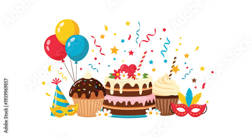 Celebration composition with birthday cake cupcakes balloons party hat and carnival mask with festive confetti.
