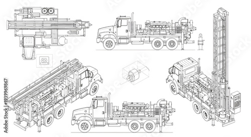 Truck-Mounted Well Drilling Rig AutoCAD Blueprint Vector – Multi-View Industrial Drilling Machinery Technical Drawing