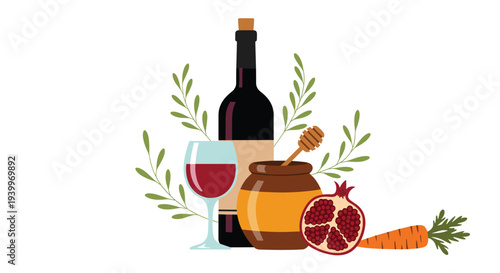 Rosh hashanah celebration items including a wine bottle glass honey jar pomegranate and carrot for jewish new year.