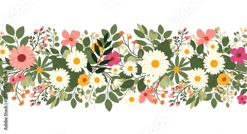 Horizontal floral border with a variety of colorful flowers and green leaves on a white background for garden themes.