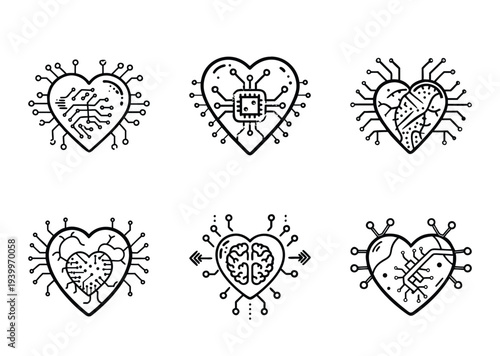 Artificial intelligence and human emotions represented as digital heart icons concept