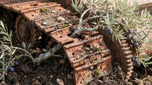 Abandoned tank track overgrown with rust and vegetation in nature