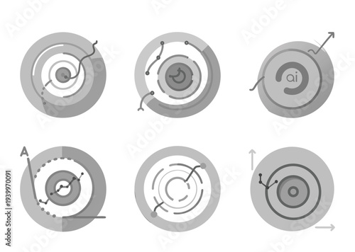Collection of conceptual circular graphs showcasing trends and data visualization methods