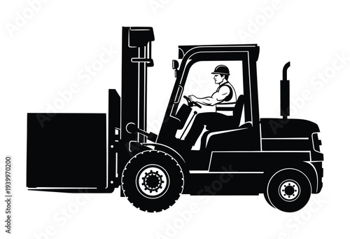Vector of a forklift operator lifting a large container in a warehouse setting