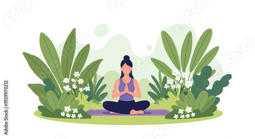 Peaceful woman practicing yoga meditation sitting on a mat surrounded by lush green tropical plants and flowers.