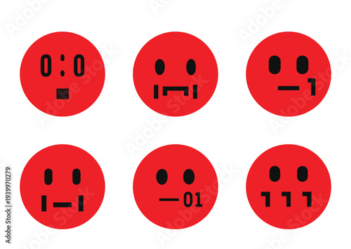 Minimalist Red Circle Faces Expressing Different Emotions Through Numerical Codes