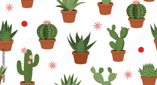 Diverse seamless pattern of various cacti and succulents in terracotta pots on a white background for desert themes.
