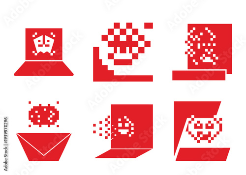 Pixelated red retro gaming and space invader inspired icon set on white