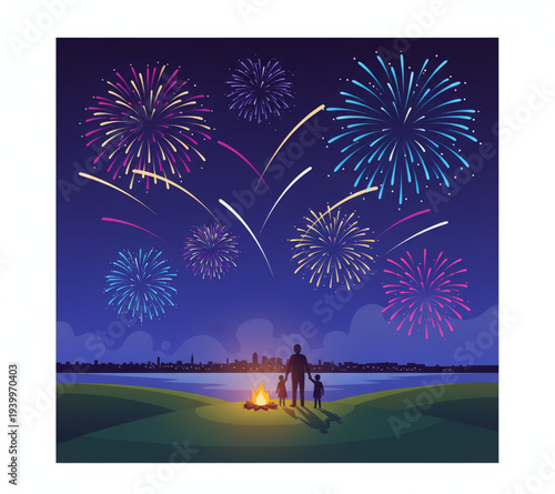 Family watching fireworks display on a grassy lakeside hill at dusk with a campfire burning