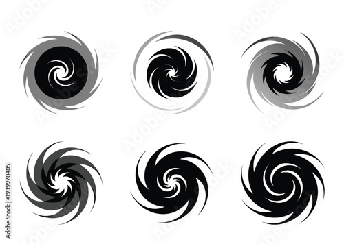 Various stylized black and gray whirlpool abstract designs on white background
