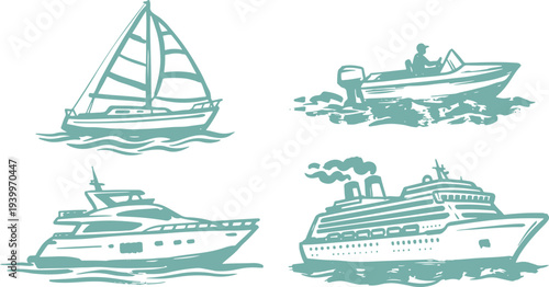 Hand Drawn Boats and Ships Set Brush Stroke Style Vector Illustration.